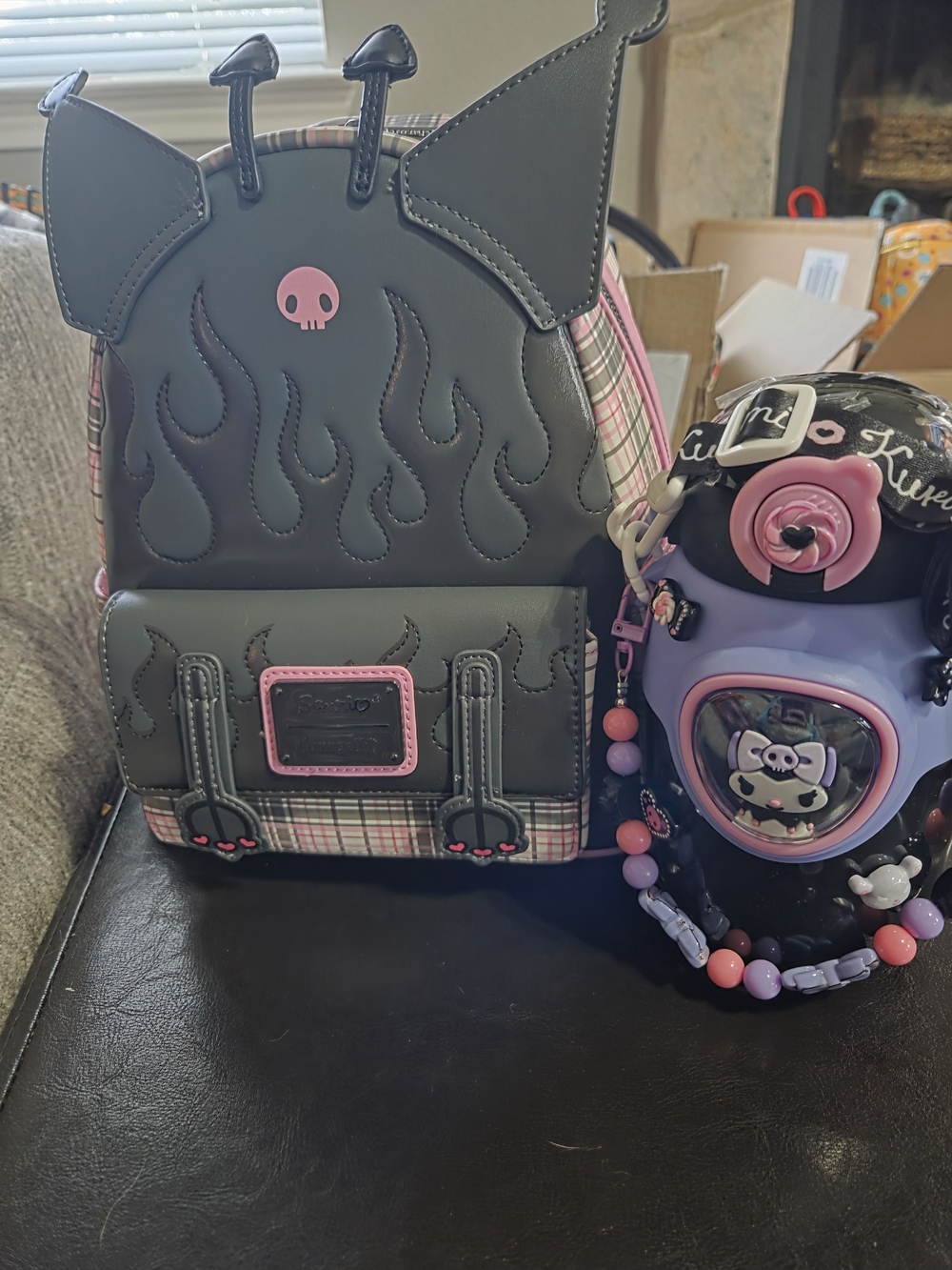Loungefly Kuromi Black & Pink Bat Skull Plaid Mini Backpack